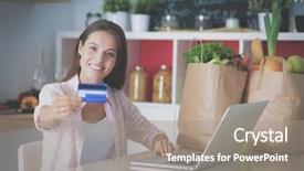  Presentation with online shopping - Slide deck having shopping using tablet and credit background and a gray colored foreground