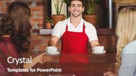  Presentation with customers - PPT layouts with shopping working - portrait of a waiter serving background and a tawny brown colored foreground