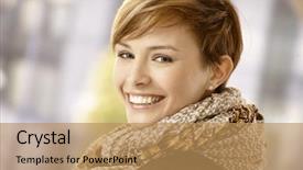  Presentation with reflection looking back to go forward - Audience pleasing theme consisting of short - happy young woman looking back backdrop and a coral colored foreground