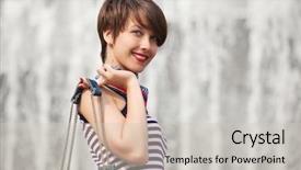  Presentation with fashion handbag - Audience pleasing slide set consisting of short - happy young woman with handbag backdrop and a soft green colored foreground