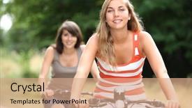  Presentation with e bikes - Amazing slide deck having short pants - girls on bikes backdrop and a coral colored foreground