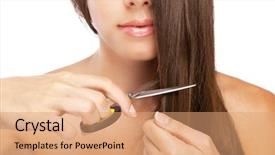  Presentation with real woman hair texture human - Slide set with shortening - beautiful young woman cutting her background and a  colored foreground