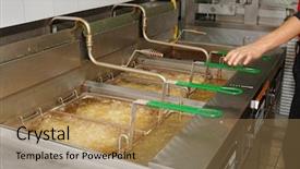  Presentation with fast food - Slide deck having shortening - deep fryers with boiling oil background and a coral colored foreground