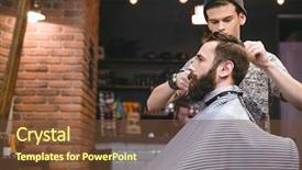  Presentation with beauty salon men - Beautiful PPT theme featuring shortening - young handsome hairstylist making men's backdrop and a tawny brown colored foreground