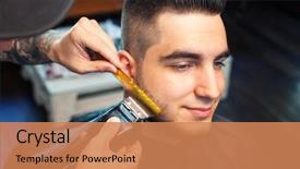  Presentation with beard - Slide deck having shortening - young man having beard shaven background and a coral colored foreground