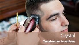 Presentation with coconut oil hair care - PPT layouts featuring shortening - young man having hair cutted background and a coral colored foreground