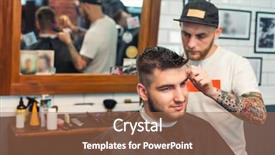  Presentation with blackwomen hair care - Slides featuring shortening - young man having hair cutted background and a coral colored foreground