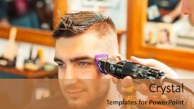  Presentation with hair - Beautiful PPT theme featuring shortening - young man having hair cutted backdrop and a gold colored foreground