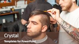  Presentation with special education young adult man - Theme with shortening - young man having hair cutted background and a tawny brown colored foreground