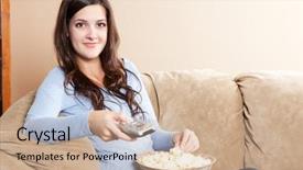  Presentation with television watching - Beautiful slides featuring shot of a beautiful woman watching television backdrop and a coral colored foreground