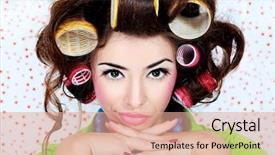  Presentation with funny - Cool new presentation theme with shot of a funny woman backdrop and a coral colored foreground