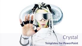  Presentation with wires - Presentation theme enhanced with shot of a futuristic young man with wires isolated over white background background and a sky blue colored foreground