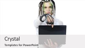  Presentation with wires - Slide set consisting of shot of a futuristic young man with wires holding a laptop isolated over white background background and a white colored foreground