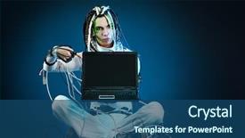  Presentation with wires - Slide set consisting of shot of a futuristic young man sitting with a laptop and wires background and a ocean colored foreground