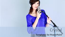  Presentation with microphone - PPT theme consisting of shot of a pretty young woman in headphones singing a song with a microphone shot in a studio background and a light blue colored foreground