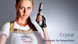  Presentation with guns - Beautiful PPT theme featuring shot of a sexy military woman posing with guns backdrop and a sky blue colored foreground