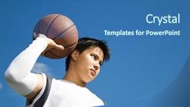  Presentation with basketball - PPT theme featuring shot of a young asian basketball player holding a basketball background and a ocean colored foreground