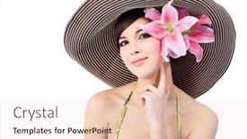  Presentation with elegant flowers - Presentation design featuring shot of a young beautiful woman in elegant hat with a lily flowers isolated over white background background and a lemonade colored foreground