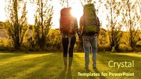  Presentation with backpacks - Beautiful PPT layouts featuring shot of a young couple with backpacks ready for camping backdrop and a tawny brown colored foreground