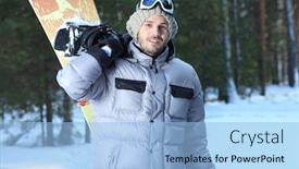  Presentation with snowboard - Colorful presentation design enhanced with shot-of-a-young-man backdrop and a light blue colored foreground