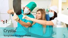  Presentation with dental surgery - Slide deck having shot of a young woman with dentists in a dental surgery healthcare medicine background and a teal colored foreground