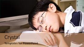  Presentation with asian - Amazing PPT theme having shot of an asian student falling asleep while studying at home backdrop and a coral colored foreground