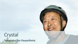  Presentation with elderly asian - Presentation theme featuring shot of an elderly asian man wearing a bike helmet background and a sky blue colored foreground