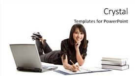  Presentation with college - Presentation design featuring shot of beautiful college student studying with laptop and books background and a white colored foreground