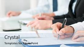  Presentation with shot - Colorful PPT layouts enhanced with shot of people compiling forms backdrop and a light blue colored foreground