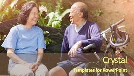  Presentation with elderly asian - Audience pleasing slides consisting of shot of senior asian couple backdrop and a tawny brown colored foreground