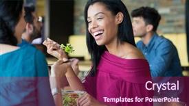  Presentation with eating - PPT theme consisting of shot of young woman eating background and a violet colored foreground