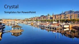  Presentation with morning show - Slide deck featuring stockholm panorama shot view from djurgardsbron early morning background and a light blue colored foreground