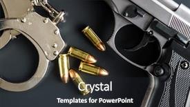  Presentation with black - Slide deck with shot weapon cartridge - pistol bullets handgun and handcuffs background and a dark gray colored foreground