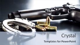  Presentation with black childrens babys hands - Amazing PPT layouts having shot weapon cartridge - pistol bullets handgun and handcuffs backdrop and a light blue colored foreground