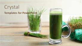  Presentation with healthy juice - Colorful slides enhanced with shot with healthy wheat grass juice on wooden table backdrop and a sky blue colored foreground