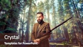  Presentation with hunting double barrel vintage shotgun - Colorful presentation theme enhanced with shotgun - hunter in vintage hunting clothing backdrop and a tawny brown colored foreground