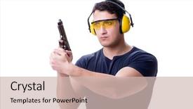  Presentation with shooting gun - Theme with shotgun sports - man doing sport shooting background and a soft green colored foreground