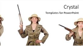  Presentation with safari tiger - Slide deck with shotgun sports - woman wearing safari hat background and a white colored foreground
