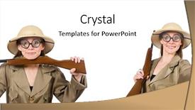  Presentation with safari - Amazing slide deck having shotgun sports - woman wearing safari hat backdrop and a white colored foreground