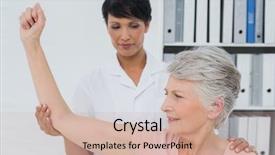  Presentation with stretch - Presentation theme consisting of shoulder head - female physiotherapist assisting senior woman background and a coral colored foreground