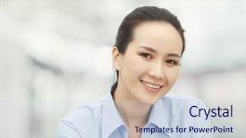  Presentation with young business woman smile show - Presentation design with shoulder head - smiling young woman portrait background and a  colored foreground