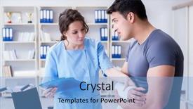  Presentation with injury - Colorful slides enhanced with shoulder joint - doctor and patient during check-up backdrop and a light blue colored foreground