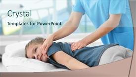  Presentation with shoulder joint - Slide deck with shoulder joint - physiotherapist working with patient background and a sky blue colored foreground