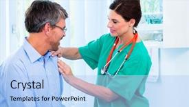  Presentation with orthopedic - Theme with orthopedic surgeon - orthopedist doctor examining shoulder background and a light blue colored foreground