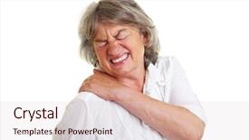  Presentation with elderly - Slides having shoulder pain - elderly woman with gray hair background and a lemonade colored foreground