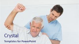  Presentation with medical hand - Beautiful presentation design featuring shoulder pain - male physiotherapist assisting senior man backdrop and a sky blue colored foreground