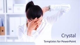  Presentation with stressed - Presentation theme with shoulder pain - stressed businesswoman sitting at desk background and a  colored foreground