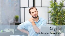  Presentation with tired - Slide set featuring shoulder pain - tired young man using laptop background and a  colored foreground