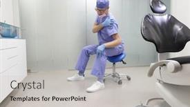  Presentation with shoulder pain - Cool new theme with shoulder pain in the dental practice caucasian male dentist in uniform having short break for regeneration after long working hours in his office backdrop and a light gray colored foreground