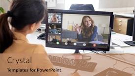  Presentation with working remotely - Theme having shoulder-view-of-asian-businesswoman background and a coral colored foreground